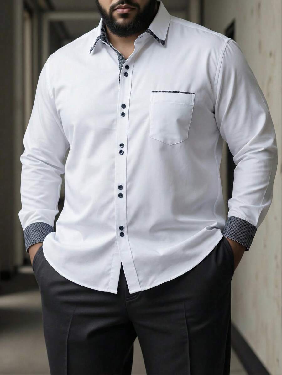 Manfinity Homme Men Plus Size Plaid Contrast Sleeve Trim Single Breasted Casual Shirt, Fall - White - View 1