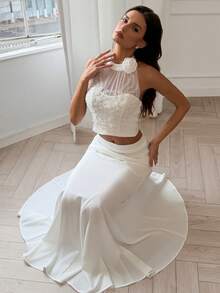 Elenzga French Style White Pleated High-Waisted Slimming Retro Elegant High-End Fishtail Maxi Skirt - White - View 7