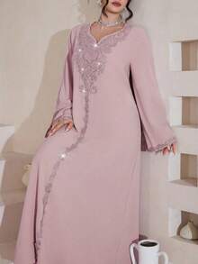 Al Najma Luxurious Embroidered & Beaded Loose Long Sleeve Split Maxi Dress, Turkish & Arabic Traditional Style - Purple - View 5