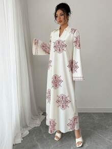 Modelyn Women's Woven Printed Loose Stand Collar Dress Modest Dress French Style Dress Long Sleeve Summer Dresses Prayer Dress Cottagecore Dress - Red - View 5