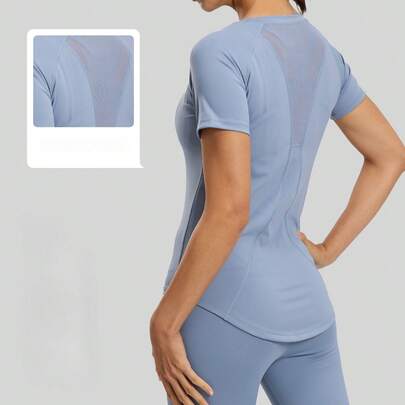 Blusa Deportiva para Mujer de Manga Corta – Diseño con Panel de Malla Transpirable en la Espalda, Tela Elástica y Ligera, Ideal para Yoga, Gimnasio o Entrenamiento Diario (Colores Versátiles Disponibles)