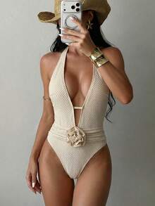 Swim SXY 女士纹理花卉装饰连体泳衣，挂脖式性感优雅沙滩度假风 - 米色 - 查看 1