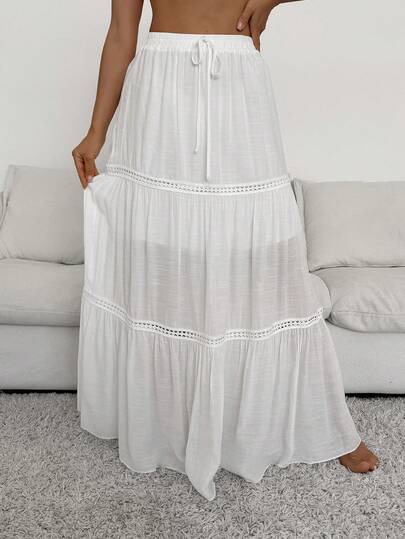 Swim Vcay 女士夏季沙滩叠层拼接波西米亚风镂空蕾丝边松紧腰抽绳荷叶边下摆度假长裙