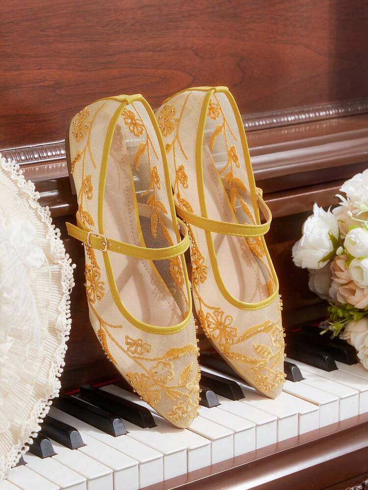 CUCCOO HITCHD Women's Elegant Commuter Flats With Floral Embroidery, Mesh And Pearl Decor Wedding Shoes