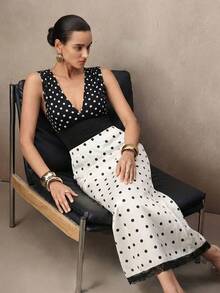 NOVVYNE Ladies' Black White Polka Dot,Autumn,Elegent,Party Lace Patchwork Midi Pencil Skirt,Casual Versatile White Polka Dot Lace Hem Skirt Summer Outfit - White - View 4