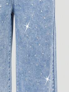 SHEIN ChillGRL 少女水钻装饰牛仔裤，直筒宽松版型，Y2K风格，休闲、工作、度假皆宜 - 水鴨藍 - 查看 4