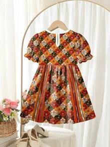 Baby Girls White Summer Boho Party Dress,Baroque Retro Plaid Floral Cartoon Star Moon Print,Luxurious Puff Sleeve Sweet Ruffle Hem Princess Dresses - Multicolor - View 2