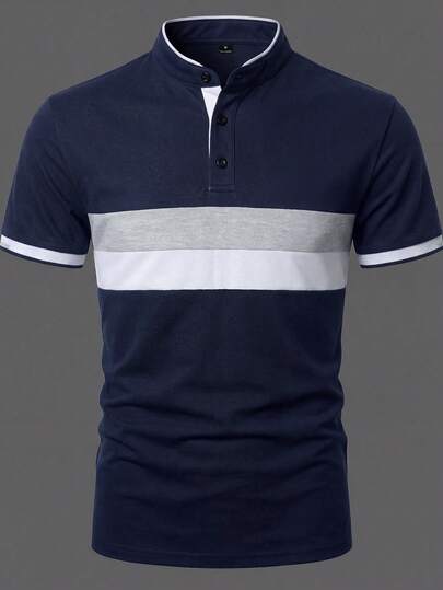 Manfinity Bizformal Polo à col montant à manches courtes pour hommes, en tissu tricoté au crochet, polo bleu marine pour hommes, polo color block contrasté pour hommes. Tenues idéales pour les cadeaux pour le mari et le petit ami, convient pour les sorties quotidiennes, les rassemblements entre amis ou les week-ends décontractés. Article polyvalent et best-seller sur INS