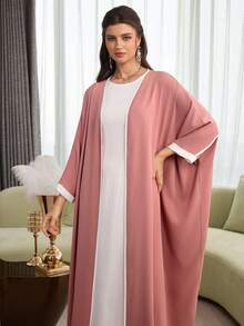 SHEIN Najma Women's Color Block Open Front Casual Abaya, Versatile For Daily Wear - Redwood - View 6