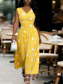 Xyvia Rochie lungă casual cu buline, de primăvară/vară, cu decolteu în V, pentru femei, proaspătă și tinerească, potrivită pentru naveta și întâlniri - Galben de gâscă - Vizualizare 4