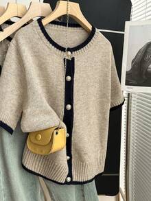 Franclia 新款夏季休闲个性拼接撞色时尚百搭女式针织上衣 - 卡其色 - 查看 6