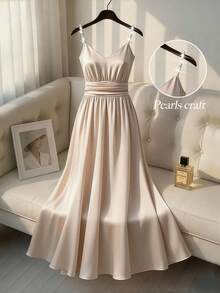 GlowEve Women's Champagne Beaded Shirred Shirred A-Line Dress, Romantic Sophisticated Elegant Satin Spring/Summer Dress - Champagne - View 1