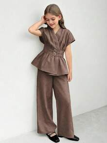 SHEIN Tween 女童宽松落肩双层腰带衬衫上衣和裤子两件套，优雅 - 卡其色 - 查看 7