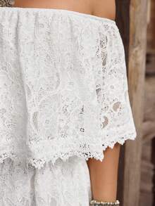 LanaWest CURVE Robe de fête chic et pour femmes grandes tailles, avec empiècement en dentelle et volants à l'épaule - Blanc - Voir 6