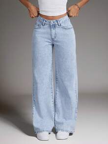 SHEIN Women's Casual Fashionable Street Daily Commute Star Rhinestone Loose Wide-Leg Jeans - Light Wash - View 3