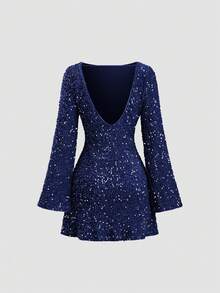 Sweetra Sequin Backless Mini Dress, Valentine's Day Outfits - Navy Blue - View 2