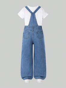 Tween Girls Y2K Casual Bib Overall Jumpsuit, All-Match Versatile Denim Romper, Hot Blue Washed Cargo Jumpsuit - Light Wash - View 2