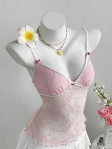 Flirla 夏季休闲度假女式粉色V领可爱纯性感编织蕾丝边3D立体花朵撞色蝴蝶结露背弹力细腰吊带背心 - 粉色 - 查看 7