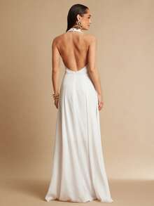 Silquee 优雅白色露背A字连衣裙，适合通勤、伴娘、婚礼、日常穿着、约会、派对、正式活动、毕业典礼、舞台表演、晚会等场合。 - 白色 - 查看 1