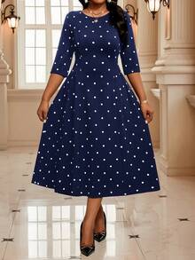 SHEIN Lady CURVE Vestido elegante de lunares de talla grande para fiesta, vestido de lunares negros, vestido de lunares negros y blancos, vestido para iglesia para mujer, vestido de lunares elegante midi, vestido de lunares negros y blancos, vestido midi de lunares de talla grande con estampado de lunares, cuello redondo, contraste de ribete, abertura midi, manga tres cuartos, vestido elegante - Azul Marino - Ver 4
