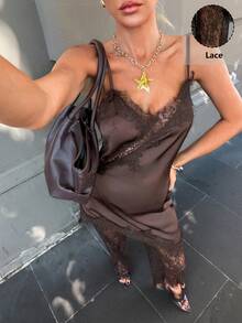 Siren Gaze Conjunto de 2 piezas de top de tirantes con parches de encaje y pantalones de encaje para mujer - Marrón - Ver 4