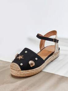 SHUZIA Giày đế xuồng Espadrilles đế cao thanh lịch dành cho nữ, họa tiết sao biển. - màu đen - Xem 6
