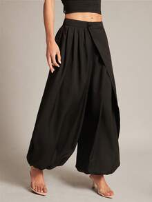 Hauture Asymmetrical Solid Color Casual Pants For Women, Loose Design Sense Ankle-Length Pants With Button, Zipper, Pleats - Black - View 4