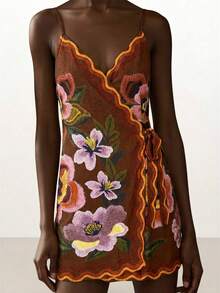 CAJUNI Bohemian Style Spaghetti Strap Mini Dress With Intricate Floral Pattern And Ruffle Edges, Summer Beach Dress - Red - View 5