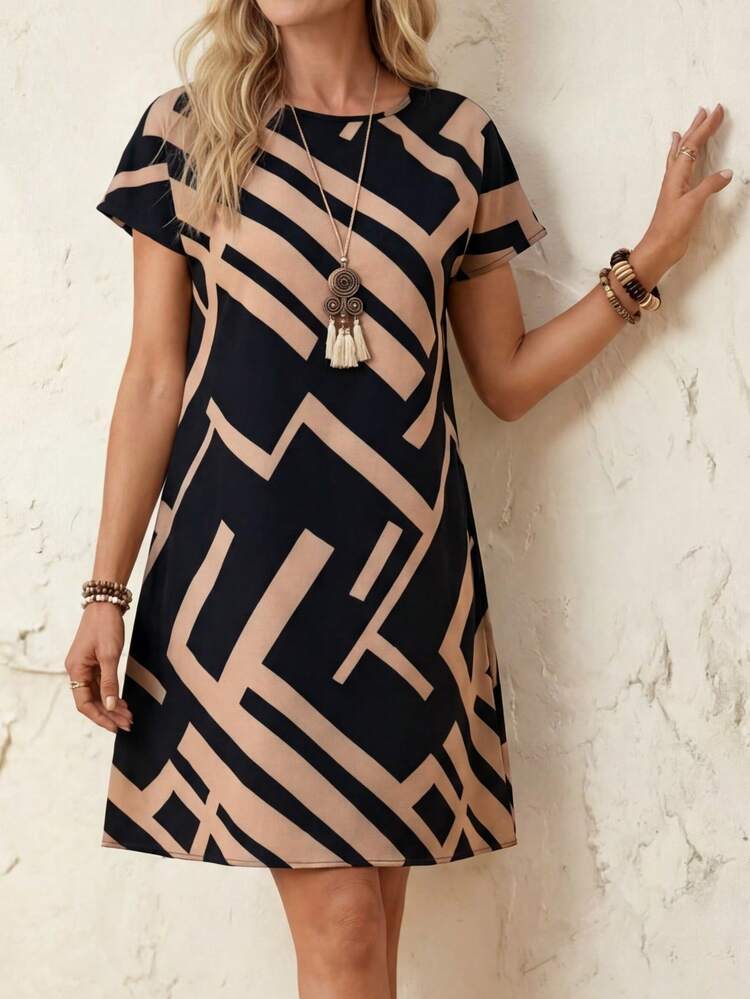 Robe courte décontractée à col rond et manches courtes avec imprimé géométrique pour femmes