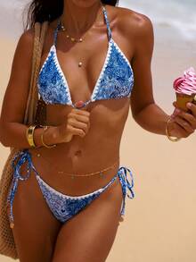 Swim Vcay Women's Summer Vacation Beach Paisley Print Halter Bikini 2 Pieces Set - Blue - View 4