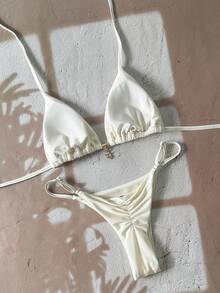 Swim Vcay Traje de baño de mujer de unicolor con colgante metálico tipo halter, conjunto de bikini de tanga sexy - Beis - Ver 2