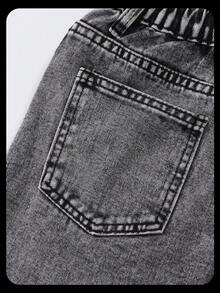 SHEIN ChillGRL Tween Girl Fashion Snowflake Washed Embroidered Wide Leg Jeans, Suitable For Autumn/Winter Casual Outings, School, Commute, Parties, Home, Vacation, Back To School Season Y2k 90s 70s Full With Flower Pants Stylish Denim Jeans - Light Grey - View 4