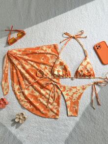 Swim Mod 3件套女士夏季随机印花吊带沙滩裙，复古度假比基尼套装 - 彩色 - 查看 2