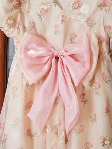 Souflis Souflis Đầm ngắn tay họa tiết hoa nhí đính ngọc trai và nơ, kiểu dáng thường ngày, thích hợp cho bé gái mùa hè. - Màu be - Xem 6