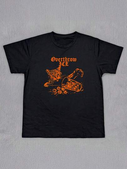 SHEIN Women's Daily Cats Overthrow ICE Graphic Crew Neck Short Sleeves Casual Summer Women's Black Tops T-Shirt