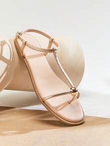 SHUZIA 女士简约休闲舒适踝带平底人字拖 - 金色 - 查看 1