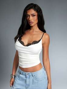 Denimoi Lace Trim Ribbed Cami Top Sexy Tops GNO Date Night Concert Outfits Y2K Fashion It Girl - White - View 4