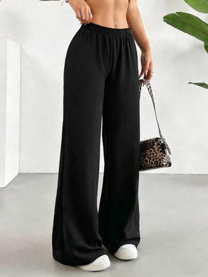 Pantalones anchos de cintura alta de unicolor de uso casual para mujeres