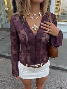 Aloruh Áo nữ tay chuông ren màu tím trơn lãng mạn và thanh lịch cho mùa xuân. - Màu tím - Xem 9