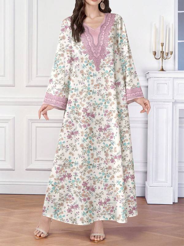 SHEIN Najma Ditsy Floral V-Neck Long Sleeve Maxi Dress, Women's Bohemian Style Floral Long Dress, Elegant Arabic Attire, Suitable For Spring/Summer Vacation And Daily Wear