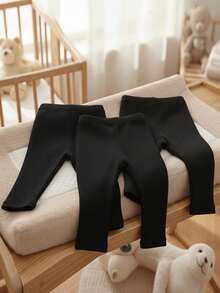 SHEIN Playful Pals 3件組女嬰針織燈芯絨彈性內搭褲 黑色 秋冬基本款休閒上學素色長褲 緊身褲 百搭四季 - 黑色 - 查看 2