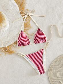 Swim Mod Sweet Cute Hot-Selling New Arrival Elegant Luxury Women's 2pcs Bikini Set; Red & Pink Striped Triangle Bikini Set , Contrast Cream Trim With Delicate Lace Edge,Halter Neck Tie , Y2K Hot Girl Style Swimsuit, Sexy Thong Bottom, Retro Inspired Swimwear Beachwear For Summer Beach Vacation, Pool Party, Sunbathing, Swimming, And Stylish Resort Looks, Music Festival,Mod&Vcay Vibes - Red - View 5