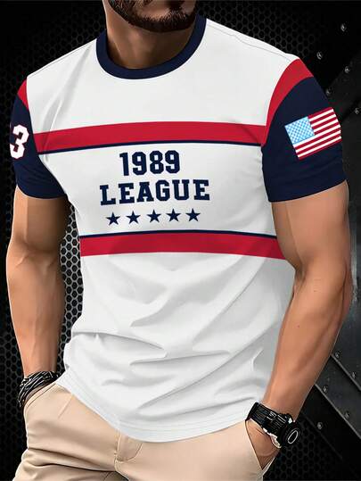 Manfinity Homme Men's Casual Contrast Color 1989 Star Striped Classic National Flag Short Sleeve T-Shirt