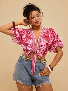 Travachic 大码复古印花系带短袖衬衫，波西米亚风 - 彩色 - 查看 4