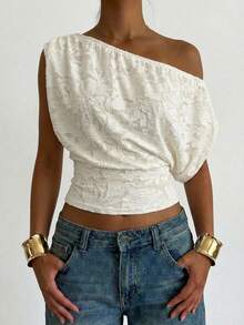 Aloruh 女士优雅性感透视露肩修身短袖套头衫 - 白色 - 查看 7