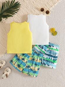SHEIN Playful Pals 4件/套 嬰幼兒男童夏季套裝 淡黃色葉子印花上衣與短褲套裝 休閒海灘度假假日服裝 適用於0-3歲 - 彩色 - 查看 2