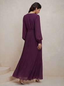 Anewsta Women's Elegant Romantic V-Neck Ruffle Petal Sleeve Cinched Waist Pleated Dress, Suitable For Spring Dates And Parties - Purple - View 2
