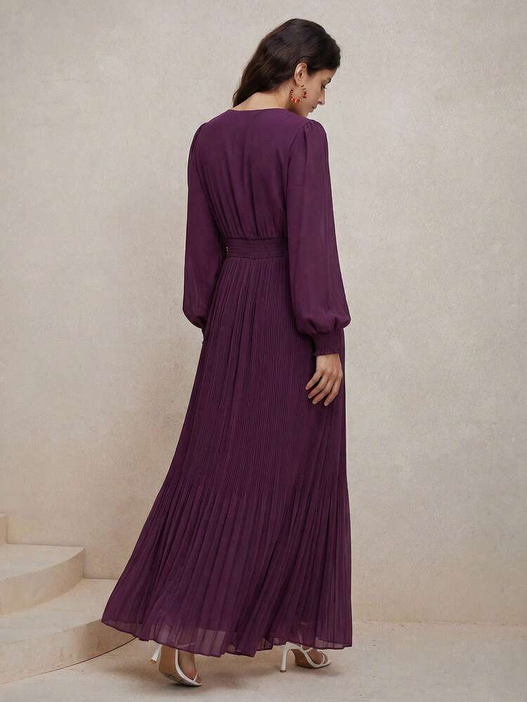 Women's Elegant Romantic V-Neck Ruffle Petal Sleeve Cinched Waist Pleated Dress, Suitable For Spring Dates And Parties