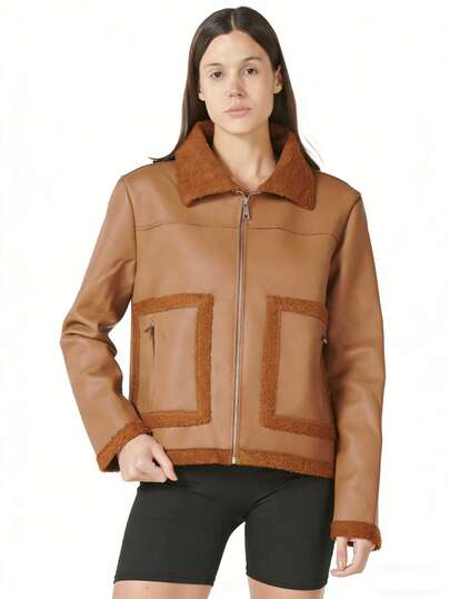 Chaqueta Vinipiel Con Borrega Negra: Cuello y Detalles de Peluche Suave, Vinipiel Resistente + Calidez Ideal para Otoño/Invierno. Casual & Elegante: Combina con Shorts/Jeans/Leggings para Salidas Diarias, Paseos Ciudadanos o Reuniones Informales