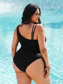 Swim Lushoire Plus Size Women's Solid Color Casual One-Piece Swimsuit - Black - View 2